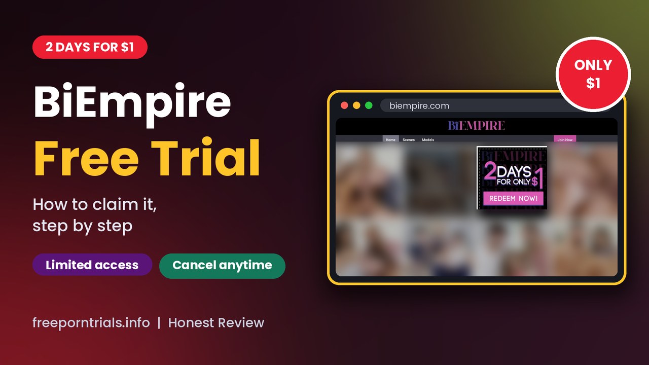 BiEmpire Free Porn Trial header showing the BiEmpire site and current offer