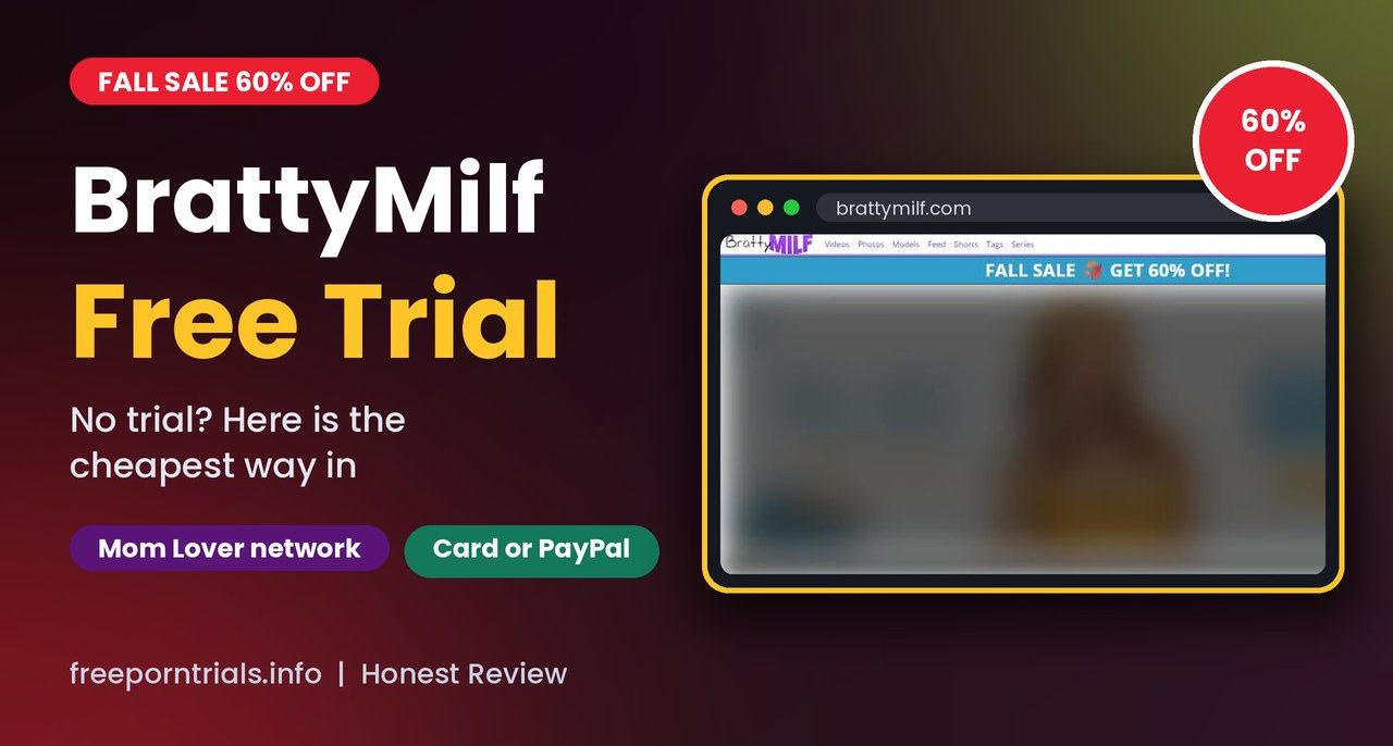 BrattyMilf Free Trial BrattyMilf Free Trial header showing the BrattyMilf homepage and current deal