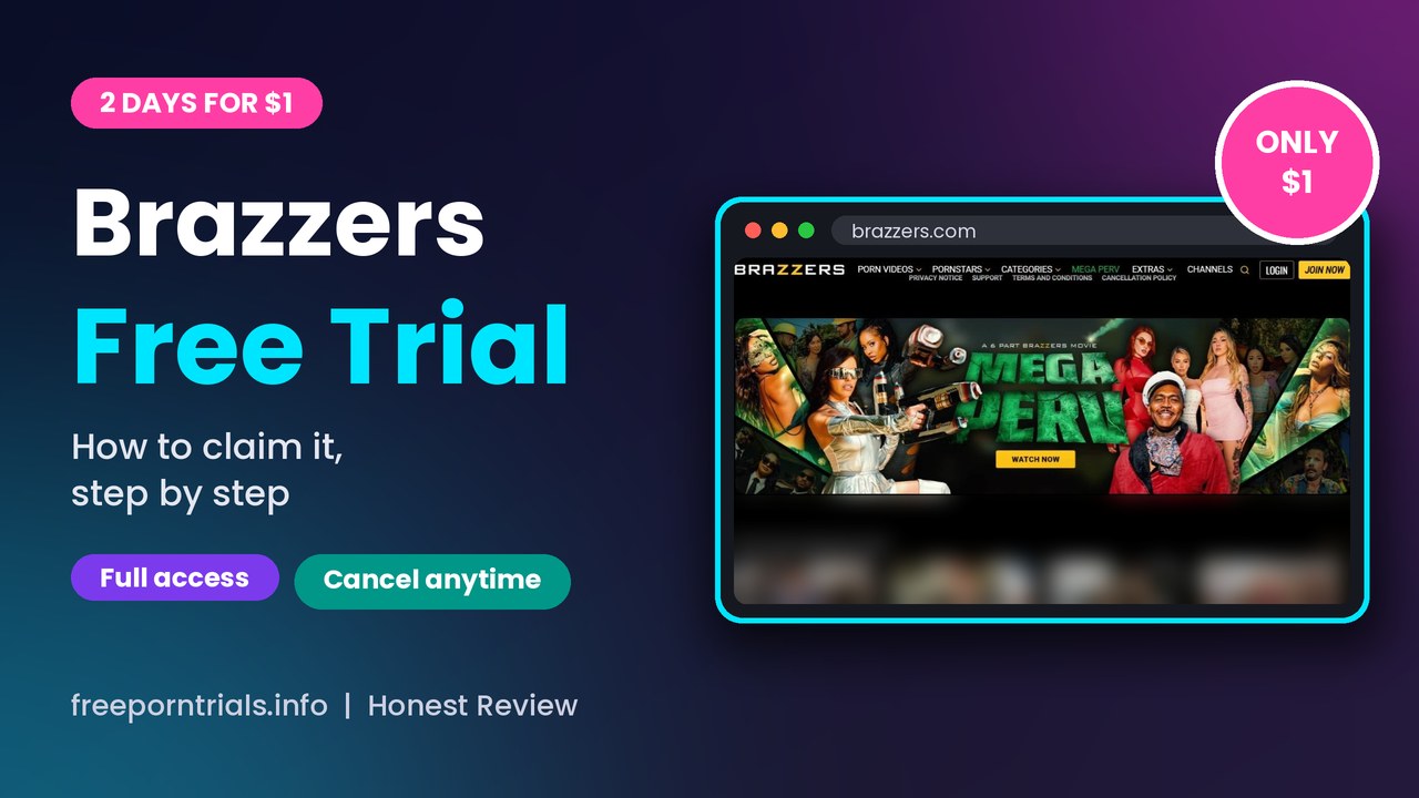 Brazzers Brazzers Free Porn Trial header showing the Brazzers home page and $1 offer