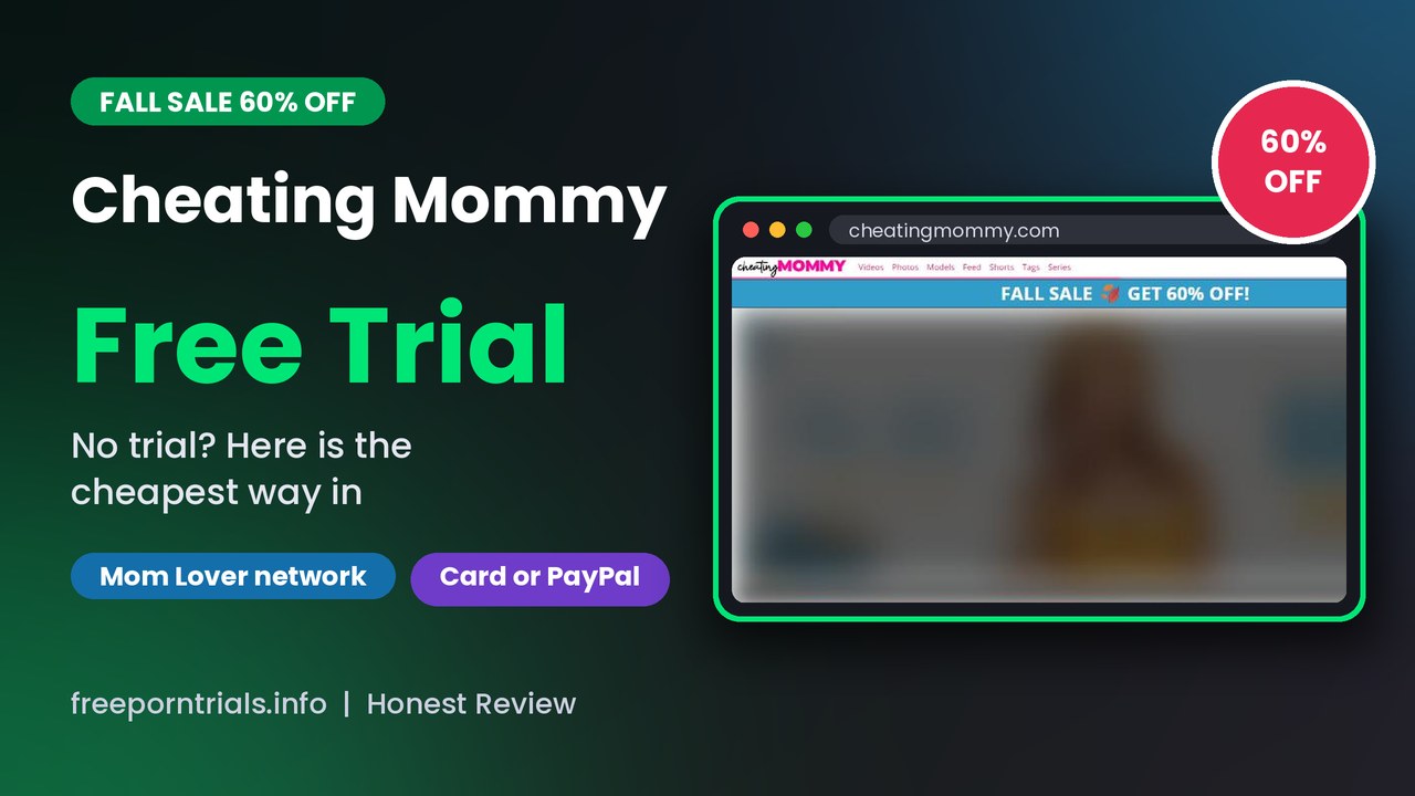 Cheating Mommy Free Porn Trial header showing the Cheating Mommy site and current offer