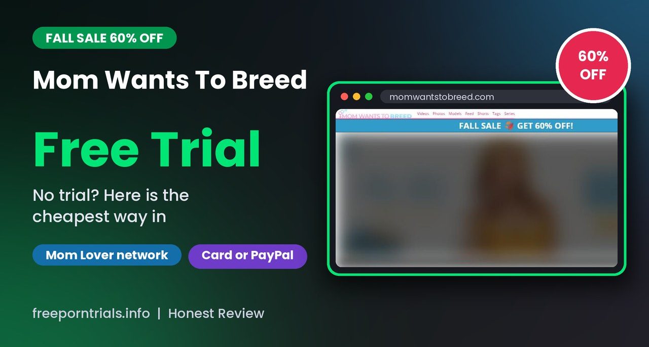 Mom Wants To Breed Free Trial header showing the Mom Wants To Breed homepage and current deal