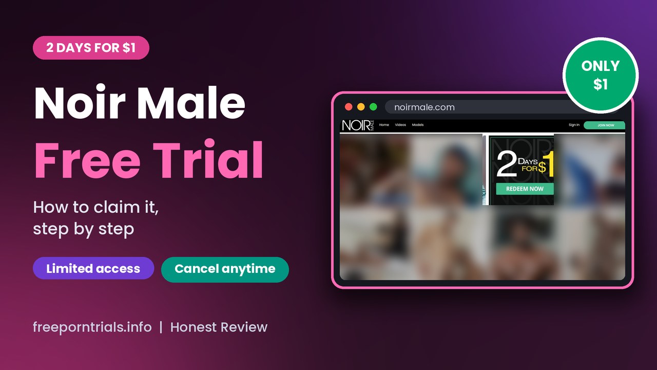 Noir Male Noir Male Free Porn Trial header showing the Noir Male site and current offer