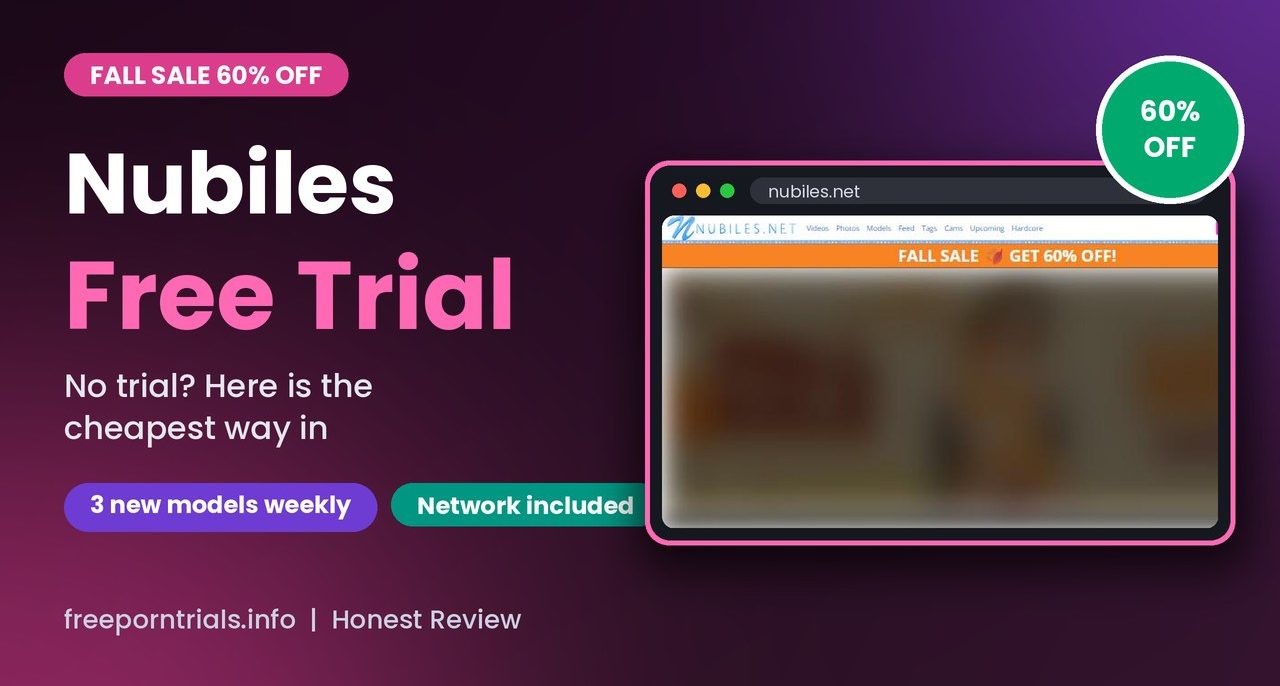 Nubiles Free Trial Nubiles Free Trial header showing the Nubiles homepage and current deal