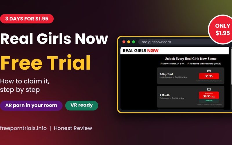 Real Girls Now Free Trial header showing the Real Girls Now join page and trial price