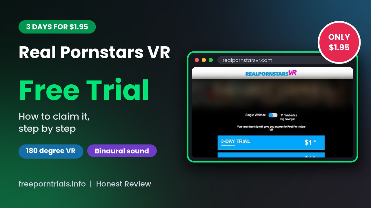 Real Pornstars VR Free Porn Trial header showing the Real Pornstars VR site and current offer