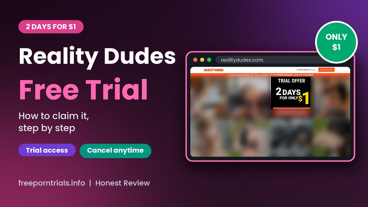 Reality Dudes Free Porn Trial header showing the Reality Dudes site and current offer