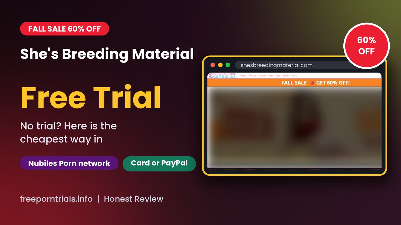 She's Breeding Material Free Porn Trial header showing the She's Breeding Material site and current offer