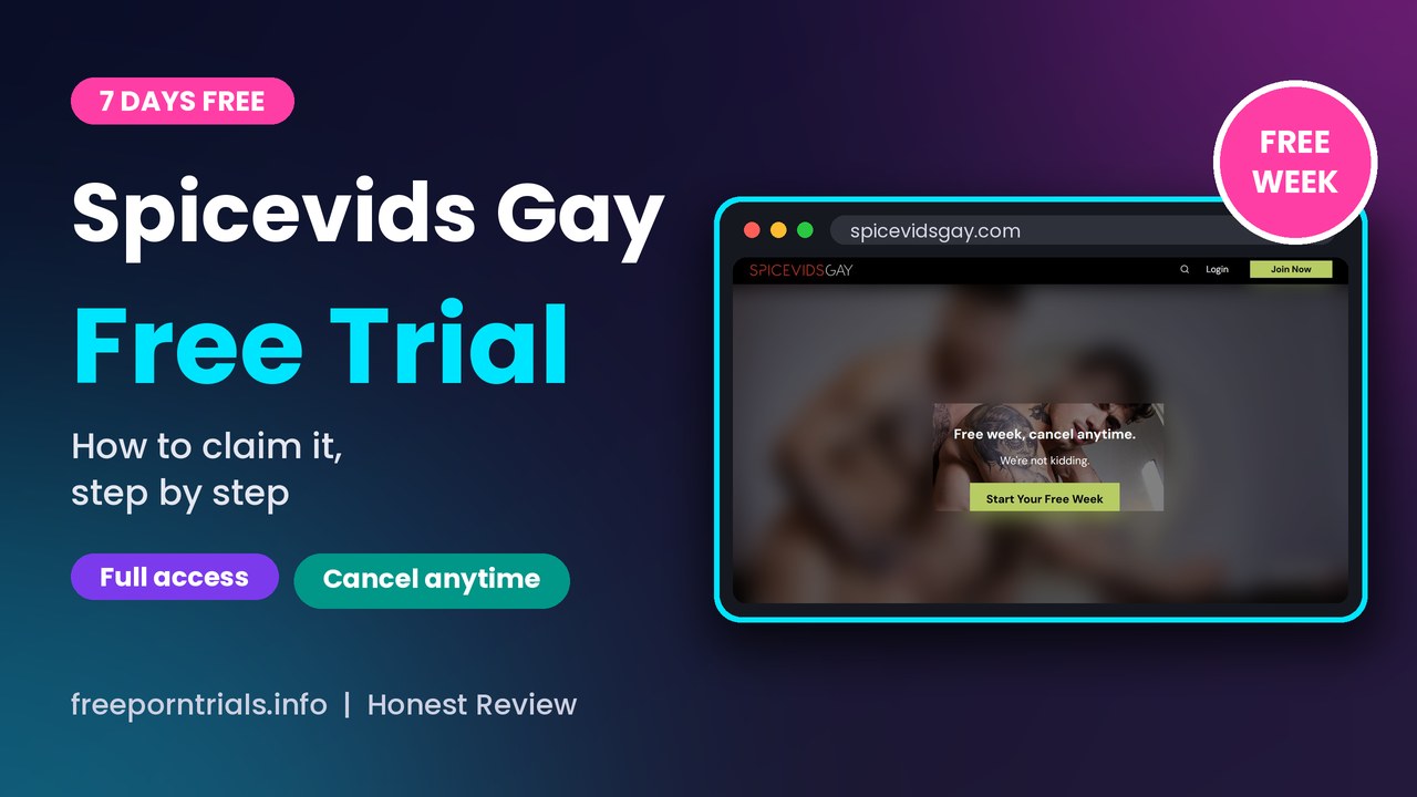 SpiceVids Gay Free Porn Trial header showing the SpiceVids Gay site and current offer