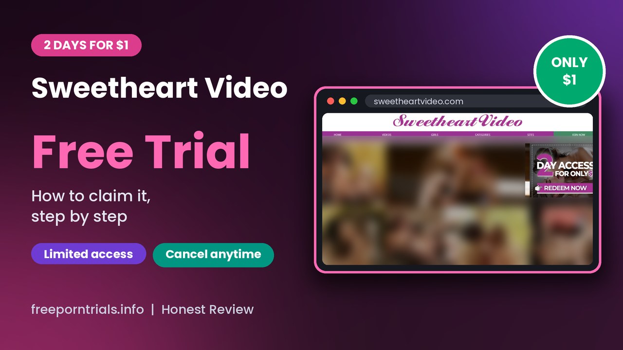 Sweetheart Video Free Porn Trial header showing the Sweetheart Video site and current offer