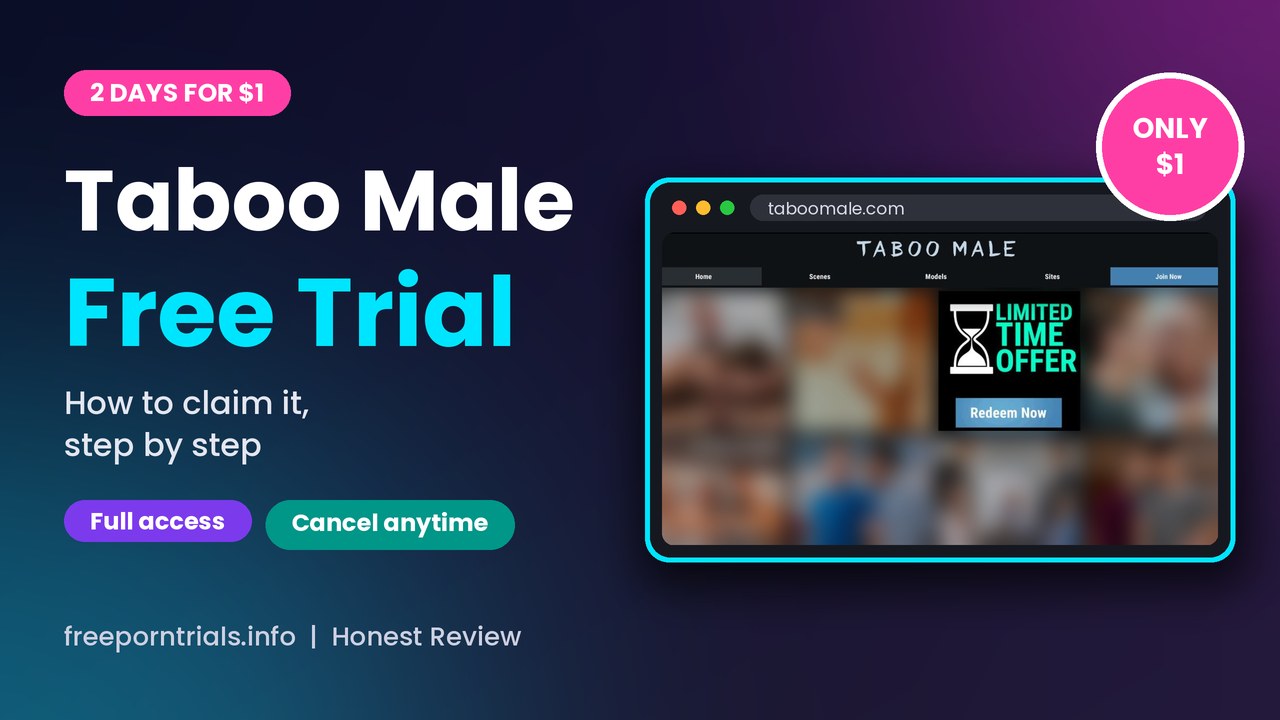 Taboo Male Free Porn Trial header showing the Taboo Male site and current offer