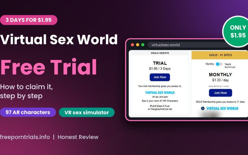 Virtual Sex World Free Trial header showing the Virtual Sex World join page and trial price